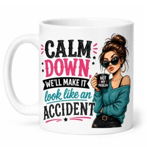 Witte keramische koffiemok van 300 ml met de tekst "Calm Down, We'll Make It Look Like an Accident" en een illustratie van een stijlvolle vrouw met een mok waarop "Not My Problem" staat.